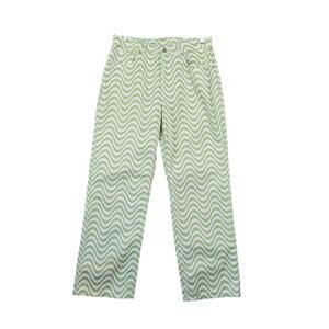 Ragged Jeans Womens 32 Green White Wavy Wide Leg Jeans Y2K Retro Psychedelic